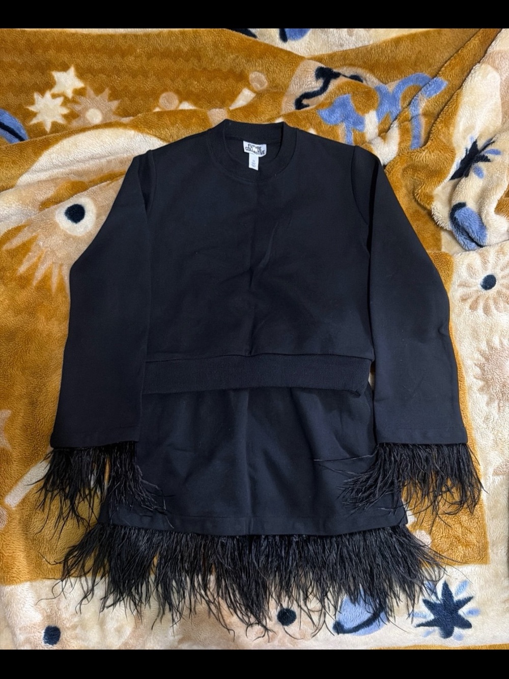 Black Feather Trim Sweatshirt and Skirt Set